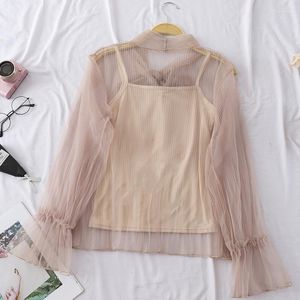 Kvinnors blusar Kvinnor Summer Flare Sleeve Lace Up Bandage Basic Bow Shirt Casual Slim High midje Mesh Gaze Pullover Voile Ruffles Blus