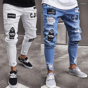 Erkek kot pantolon sıska hip hop mavi moda nakış baskısı yırtık delik denim kalem pantolon adam ince yüksek bel sıkıntılı beyaz