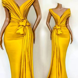 Prom Party Gown Gold Evening Dresses Plus Size Formal Mermaid Trumpet Sleeveless Satin Pleat New Sexy Custom V-Neck