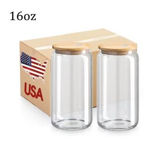 USA STOCK 16 once Sublimazione Blanks Tazze di vetro con coperchio in bambù Lattina di birra smerigliata Bicchiere in borosilicato Mason Jar Tazze Bicchieri