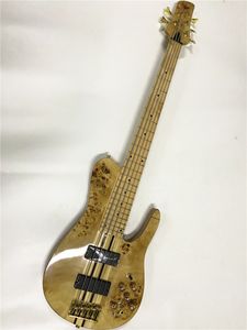 Benutzerdefinierte 5-saitige E-Bassgitarre aus Baumwurzelfurnier, Korpus aus Naturholz, geschlossene Tonabnehmer, einteiliger Korpus