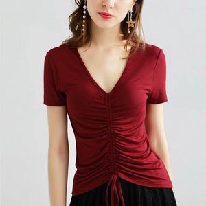 Damenblusen, modisch, sexy V-Ausschnitt, plissiert, Schnürung, Modal-Baumwolle, gestrickt, kurzärmeliges Hemd, 11 Bonbonfarben, schlanke Blusen-Tops