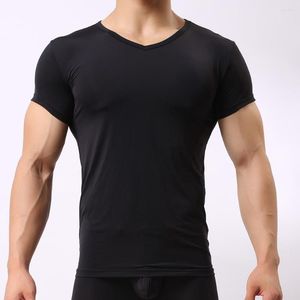 Undershirts Man Undershirt Ice Silk Sheer T Shirts Male Nylon V-neck Short Sleeves Tops Ultra-thin Mens Tank Underwear