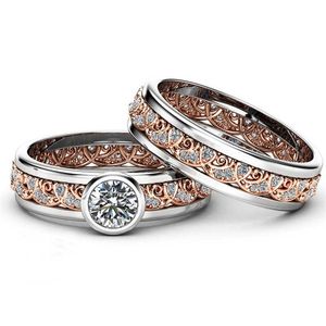 Band Rings 2Pcs / Set Exquisite Rose Gold Two Tone Alloy Ring Anniversary Proposal Crystal Jewelry Women Engagement Wedding Band Ring Set AA230306