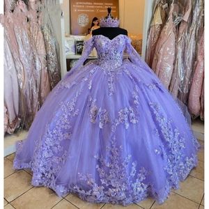 Lavender Quinceanera платья с 3D-цветами аппликации шнурки с плеча сладкое 16 платье принцессы vestidos de 15 Anos Lace-Up Prom Party Gown