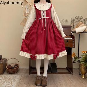 Lässige Kleider Japanische Frauen Lolita Kawaii Frühling Herbst Kleid Rot Blau Braun Bandage Bogen Prinzessin Gestreifte Rüschen Niedliche Party süß