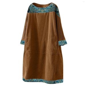 Casual Dresses Women Ethnic Dress Pockets Patchwork Loose Vintage Long Sleeve Print Corduroy Women's