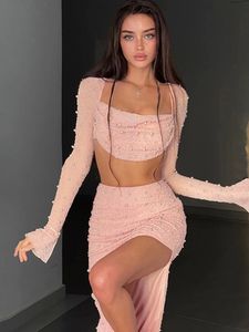 Zweiteiliges Kleid, elegante Röcke, Set, Outfits, gestrickt, mit Perlen verziert, sexy, langärmelige Crop-Tops, hohe Taille, geteilter Meerjungfrau-Rock, Party, Club, Kleidung 230306