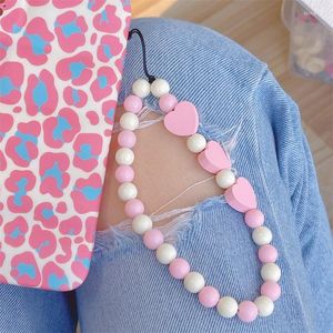 Keychains Korea INS Sweet Pink Beads Heart Phone Chain Kawaii Girl Accessories Geometric Vintage Charm Keychain