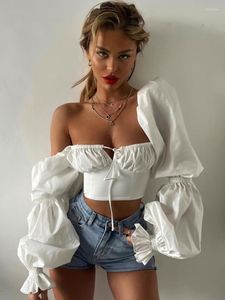 Women's Blouses Dressofcb Off Shoulder Puff Sleeve Ruched Cut Out Zipper Lace Up Crop Top Women Autumn Chic Prairie Tops 2023