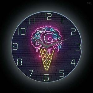 Wall Clocks Ice Cream Shiny Neon Light Print Clock For Shop Decor Dessert Ice-cremorning Cone LED Sign