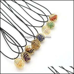 Pendant Necklaces Gold Siver Alloy Spring Cage Stone Chakra Rose Tiger Eye Irregar Stones Rope Chain Wholesale Energy Pendants Neckl Dhi3C