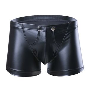 Briefs Panties Sexy Mens Low waisted Faux Leather Boxer Shorts Press Button with Bulge Pouch Men Lingerie Slim Cut Underpants Underwear 230307