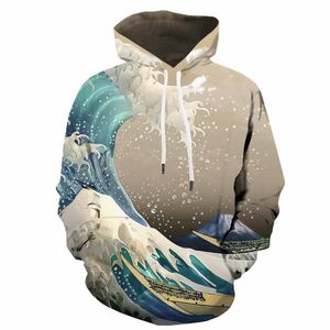 Moletons masculinos moletons 3D ondas moleto -moletom com capuz de capuz de anime Surf Sorfthershirt impresso com capuz casual casual roupas de rua de streetwear inverno