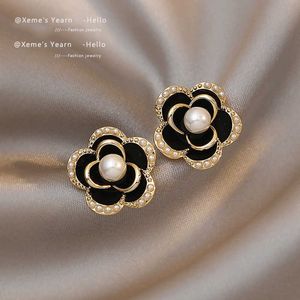 Charm Elegant Sweet Pearl Black Camellia Flower Stud Earrings For Woman Girls Korean Celebrity Accessories Student Party Jewelry Gifts G230307
