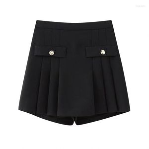 Kadın Şortları Zatrhmbm Kadınlar 2023 Bahar Moda Geniş Pileli Culottes Vintage Side Fermuper Siyah Kısa Pantolon Mujer