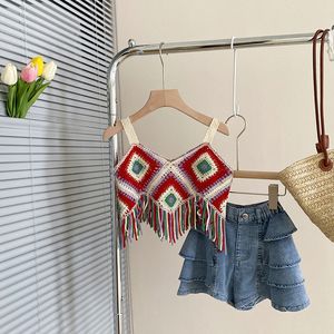 Kleidungssets für Mädchen, modisches Sommer-Kleidungsset, cooles Crop-Top und Jeansrock, Kleinkind-Mädchen-Kleidung, Quasten-Shirt, Kuchen 230307