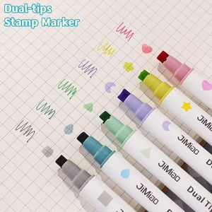 HighLighters 16pcs Dual Tip Stamp Marker Pens Set Multi Color Line Highlighter Star Love para desenho Paint Art Office School A7277 J230302