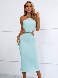 Abiti casual Donna Estate Sexy Backless Halter Catena mentale Sky Blue Black Midi Bodycon Bandage Dress 2023 Elegante Evening Party