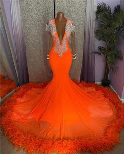 Burnt Orange Prom Dresses Sexy Deep V Neck Sheer Long Sleeves Appliques Beads Evening Gowns Mermaid Feather Formal Party Gowns For African Black Girls BC15367