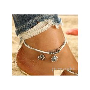 Anklets Bohemian Alloy Animal Feet Elephant Sun Mtilayer Leather Rope Square Beads Chain Anklet Female Beach Accessories Drop Delive Dh4Jq