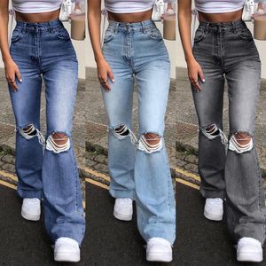 Kvinnors vintage rippade jeans kvinnor mode lös bred ben hög midja raka byxor tvättade blå denim byxor streetwear