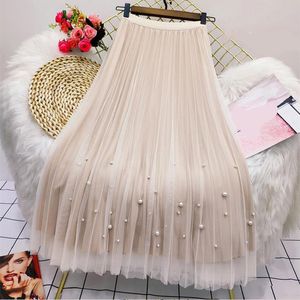 Skirts Rimocy Both Sides Wear Pearls Mesh Skirt Women Summer Velvet High Waist Long Woman Solid Color a Line Pleated 230306