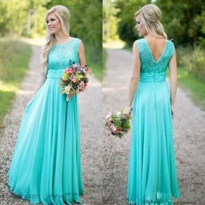 Turquoise Bridesmaids Dresses Sheer Jewel Neck Lace Top Chiffon Long Country Bridesmaid Maid of Honor Wedding Guest Dresses BA1513