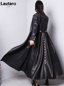 Women's Jackets Lautaro Autumn Long Skirted Red Black Faux Leather Trench Coat for Women Double Breasted Elegant Luxury Fashion 4xl 5xl 6xl 7xl 230307