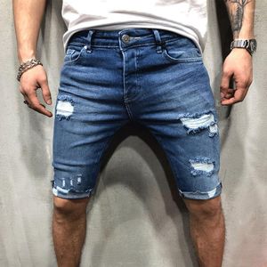 Mäns jeans män stretchiga denim shorts fast färg hög midja elastisk knälängd korta rippade byxor med fickor för sommaren