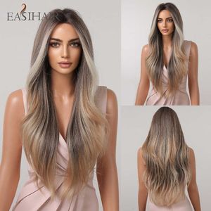 Synthetic Wigs Easihair Long Wavy Hairline Lace Synthetic Wigs Brown Blonde Ombre Natural Hair Wig Middle Part for Women Heat Resistant 230227