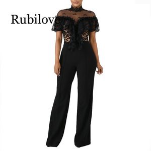 Women's Jumpsuits & Rompers Long Sleeve Elegant Plus Size For Women Black Lace Mesh Patchwork Bandage Sexy Backless Front Cut Out Party