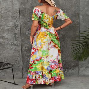 Casual Dresses French Elegant Tie-Dyeing Printed Western-stil Off-Shoulder Long Dress Show Thin Temperament Large Swing Dress T230307
