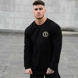 Camisetas masculinas 2023 Autumn Manga longa O-pescoço preto Camisa branca Men Round Round Fashion Fansual Fitness Gym Muscles Tee Tops Sportswear