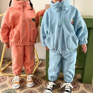 Giyim Setleri Çocuklar Kalın Polar Kıyafetler Sonbahar Kış Erkek ve Kız Balıkçı yaka tişörtü eşofman altı 2 Adet Çocuk sıcak takım elbise 230307
