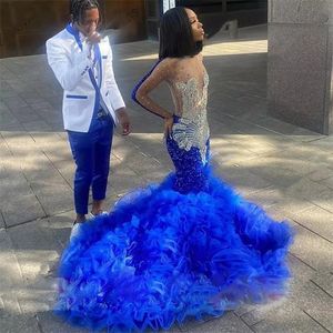 Royal Blue O Neck Prom Ruffles Celebrity Suknie Krytyki Kryształowe przyjęcie urodzinowe Sukienki Cequine Evening Suknia Szata de Bal