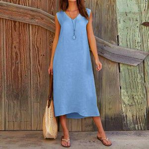 Casual Dresses Stylish Bar Ladies 2023 Summer V-ringen ärmlös kvinnor Bomullslinne tryckt Fest Long Dress Holiday Beach Maxi