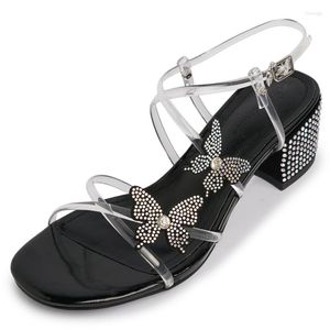 Kleiderschuhe PVC Frauen dicke Absatz Sandalen süße Stil runde Zehen Strass High Heels für Frau Sommer 2023 Schmetterling Dekoration Sandale Sandale