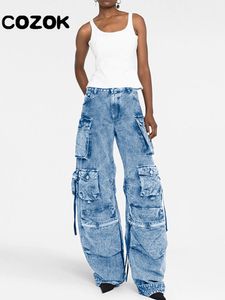 Women's Jeans 2023 Street Denim Pant Cargo Oversized Multi Pocket High Waist Wide Leg Fashion Loose Mopping 230306
