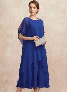 Elegant Mor till bruden klänningar Royal Blue Scoop Tea-Length Chiffon Beading Ruffles Party Gowns Vestidos Para Madre de Novia 2023