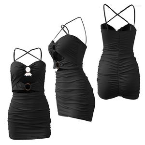 Casual Dresses Style Women Camisole Elastic Dress Sexig ihålig Design Double Loop Fastener Högkvalitativa eleganta damkjolar