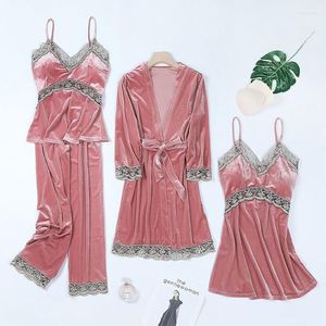 Women's Sleepwear Autumn Velour Kimono Robe Set Casual Nightwear Women 4PCS Bathrobe Gown Intimate Lingerie Sexy Velvet Homewear Sleep