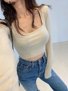 Women's T Shirts 2023 Summer Solid Color Sexy Square Collar Chest Display Short Style Shoulder Pad Leggings Long Sleeve T-shirt Top Female