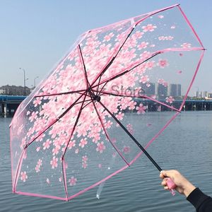 透明な桜の花自動傘3折り防止雨傘の女性女の子クリアさくら折る傘TH0818クリア
