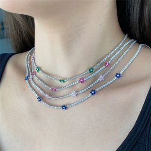 Luksusowa biżuteria 925 Sterling Silver Flower Tennis Naszyjnik Designerka Kobieta 5A Zwrokowa 18K Złote Zielone Zielone różowe Diamentowe Naszyjniki Wedding Choker