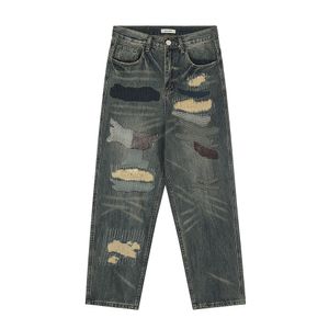 Pantaloni taglie forti da uomo Jeans dritti patchwork effetto consumato hip-hop Pantaloni larghi in denim larghi cargo casual strappati