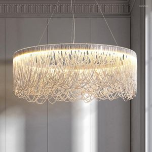 Lampadari Lampadario moderno con nappa Lampada a LED ad anello rotondo Illuminazione per soggiorno per la casa Illuminazione interna per ristorante in catena di alluminio argento