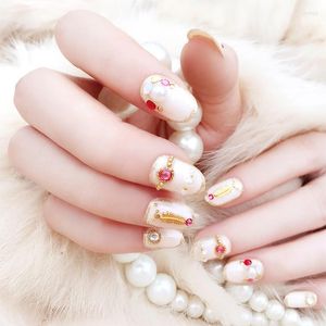 False Nails 24pcs/set Bride DIY Art Stickers Imitation Pearl Diamond Feather Decoration Glitter Fake Nail Tips Manicure Tools RP