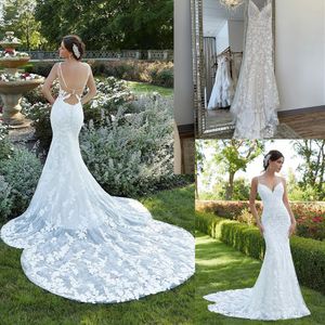 2023 Designer Lace Mermaid Wedding Dresses Bridal Gown Spaghetti Stems Open Back Satin Custom Made Sweep Train Vestidos de Novia Plus Size