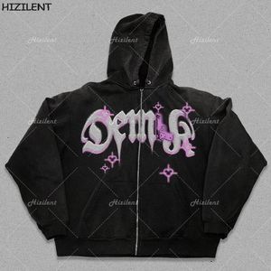 Wo Sweatshirts Erkek Hoodies Sweatshirts Y2K Giyim Mektubu Baskı Büyük Boy Hoodie Sweatshirt Sonbahar Goth Harajuku Emo Grunge Zip Kapşonlu Kadınlar Jacke 230307